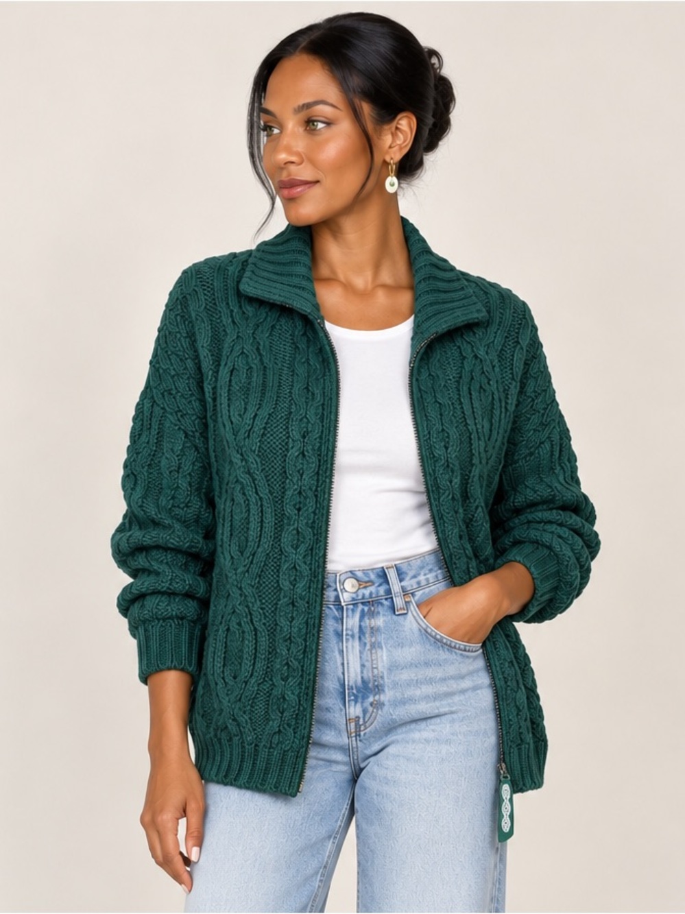 NWT Aran Crafts Merino Wool Cable Knit Zip Cardigan Emerald Green XL